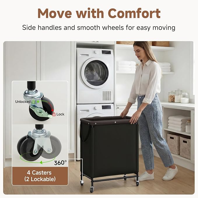 StorageWorks 2 Section Laundry Hamper, 100L Black Sorter Cart with Wheels | 2 Section Laundry Hamper with Wheels, Black Sorter Cart for Bedroom, Bathroom, Apartment