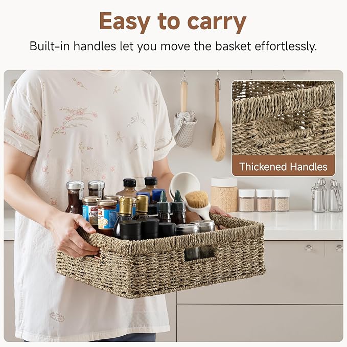 StorageWorks Pantry Baskets, Wicker Storage Baskets, Shallow Basket, 1-Pack | Seagrass Baskets, Wicker Storage Baskets for Organizing, Pantry Organizers and Storage, Woven Baskets, 15¼"L x 11¾"W x 4 ¾"H