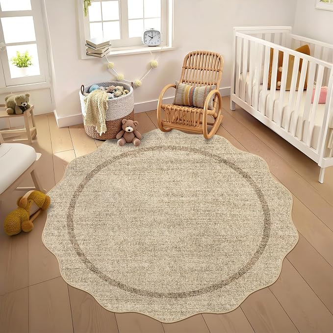 GarveeHome Scalloped Round Washable Rug Soft Modern Round Rugs 5ft Non Slip | Circle Carpets for Bedroom Ultra-Thin, Boho Jute Print Distressed Circular Carpet for Living Room Dorm Bedside, Jute