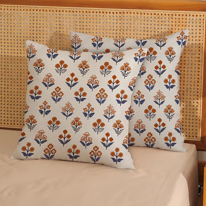 Fall Burnt Orange Blue Pillow Covers 16x16 Inch 2 Pcs Block Print Vintage Floral Decor Throw Pillows Boho Flower Summer Outdoor Seasonal Decoration Pillowcase Linen Cushion Cover for Couch Sofa
