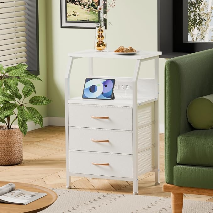Furnulem White Nightstand with Charging Station, 3 Drawers Bedside Table | 28.3 Inch Tall Dorm Night Stand with Fabric Drawers, Storage End Table with Outlets, Small Dresser for Bedroom, 3 Ways to Use