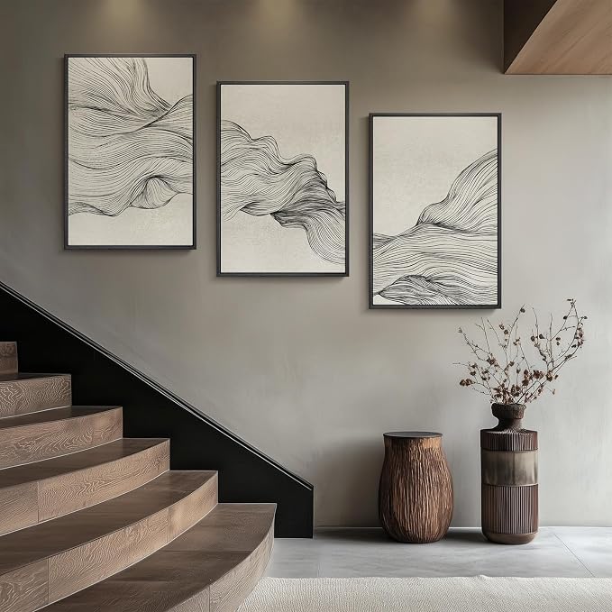 Framed Black and Beige Neutral Abstract Wall Art for Living Room, 3 Piece | Large Modern Canvas Prints Paintings, Minimalist Artwork for Walls, Lines Pictures for Office Hallway Wall Decor 24x36 Inch