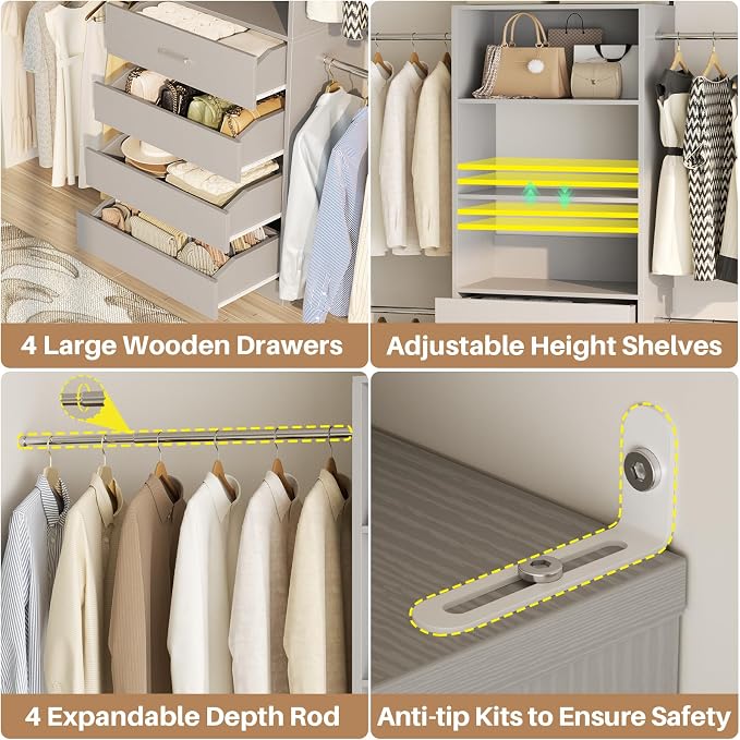 Aheaplus Closet System, 4-9Ft Closet Organizer with 4 Wooden Drawers, Grey | Wood Closet Organizer System with Tower, Walk-in Closet Organizer Wardrobe Clothes Rack with 4 Hanging Rods, Garment Rack