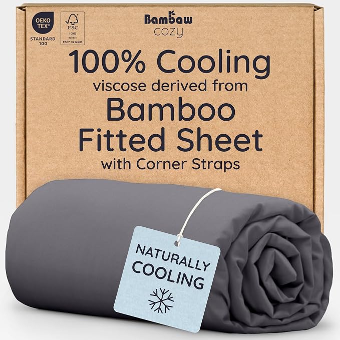 Bambaw 100% Viscose Derived from Bamboo Queen Size Fitted Sheet, Cooling, Deep Pocket, Corner Straps, Charcoal