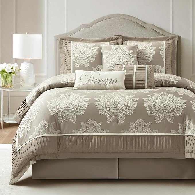 Beige Queen Comforter Set 7 Pieces, Jacquard Woven with Damask, Bedding Set in a Bag Includes Comforter, Bed Skirt, Pillow Shams, and Decorative Pillows