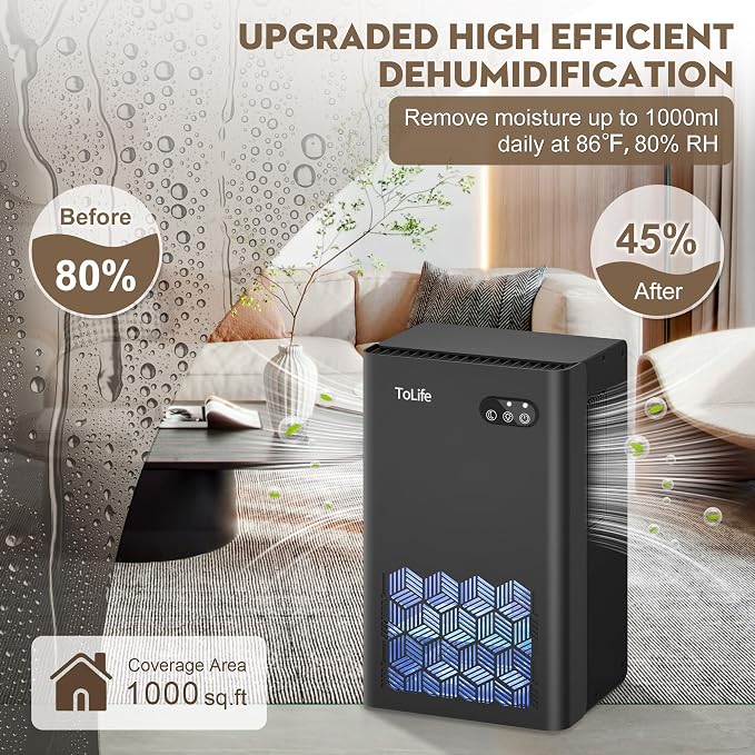 ToLife Dehumidifier, 1000 Sq Ft 95 oz Tank with Sleep Mode, Auto Shutoff | Portable for Home, Bedroom, Bathroom and Basement with 7-Color LED Light, Black