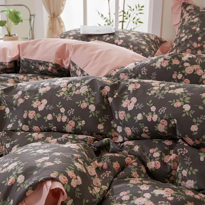 mixinni Vintage Floral Duvet Cover Set King Size – 100% Cotton Ruffle Lace Bedding, Pink Rose Flower and Green Leaf Print, Reversible Stripes Pattern, Grandmillennial Cottagecore Aesthetic 3Pcs