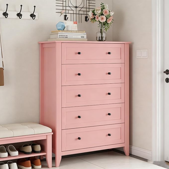 Garvee 5 Drawer Dresser for Bedroom, Modern Tall Chest of Drawers with Metal Knobs, Wooden Clothes Storage Organizer for Closet, Nursery, Living Room, Apartment, Pink | Lacquered Finish, Metal Knobs, Clothes Storage Organizer for Closet, Nursery, Livin...