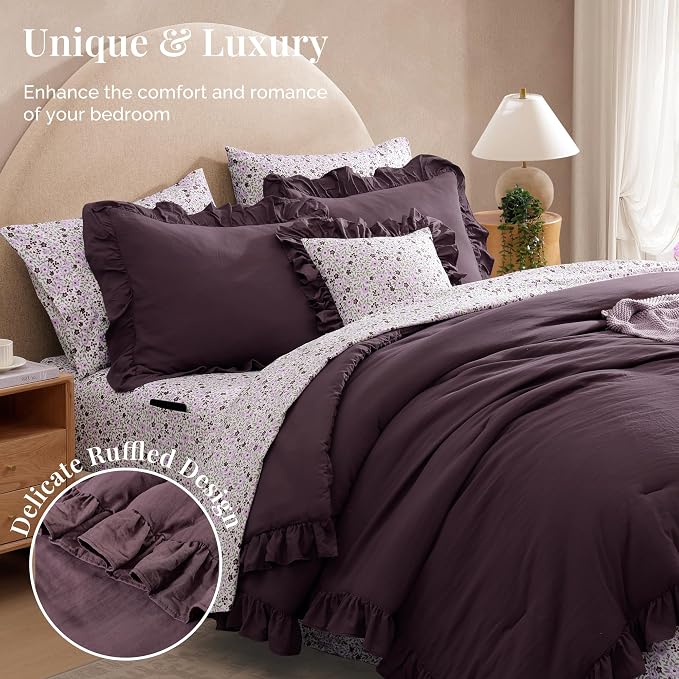 King Size Comforter Set-7 Pieces Ruffle Bedding Floral Sheet | Purple Bed in a Bag, Soft Lightweight All Season Farmhouse King Size Bedding Sets with Floral Sheets, Pillowcases & Shams