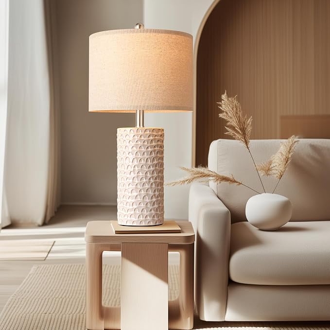 23" Modern Ceramic Table Lamp Set of 2, Table Lamps for Living Room, Rustic Farmhouse Bedside Lamps Nightstand lamp for Bedroom, White Desk Lamp for End Table Home Decor Beige