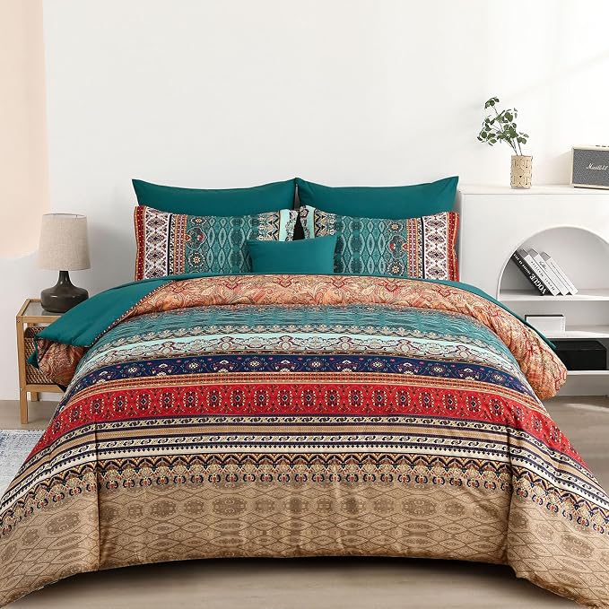 Cottolester Boho Full Size Comforter Set 8 Pieces,Green and Brown Bohemian Striped Bed in a Bag,Floral Soft Microfiber Bedding Comforter Set