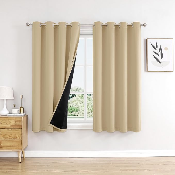 ChrisDowa 100% Blackout Curtains for Bedroom 63 Inches Long 2 Panels Set | 2 Thick Layers, Thermal Insulated, Light Blocking, Grommet, Window Treatment, Living Room Drapes, Beige, 52 x 63 Inch
