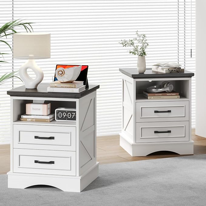 Fluest 24" Tall Farmhouse Nightstand, Night Stand with Fast Charging Station, Beside Tables with Drawers and Open Storage, Rustic End Tables for Bedroom, Antique White