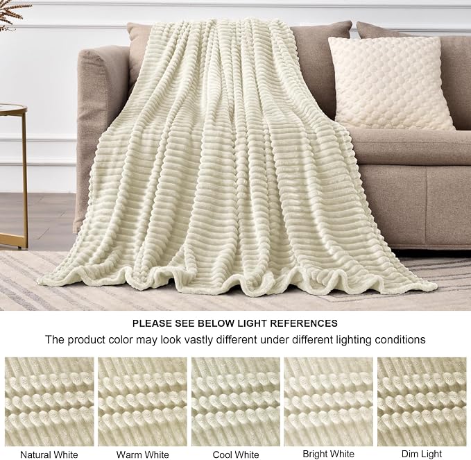 BEDELITE Ribbed Jacquard Beige Fleece Throw Blanket for Couch, 50x60 Inch | Soft Warm Decorative Fluffy Blanket, Cozy Plush Lightweight Fuzzy Throw Blanket for Bed Sofa Home Room Decor, Gift for Women