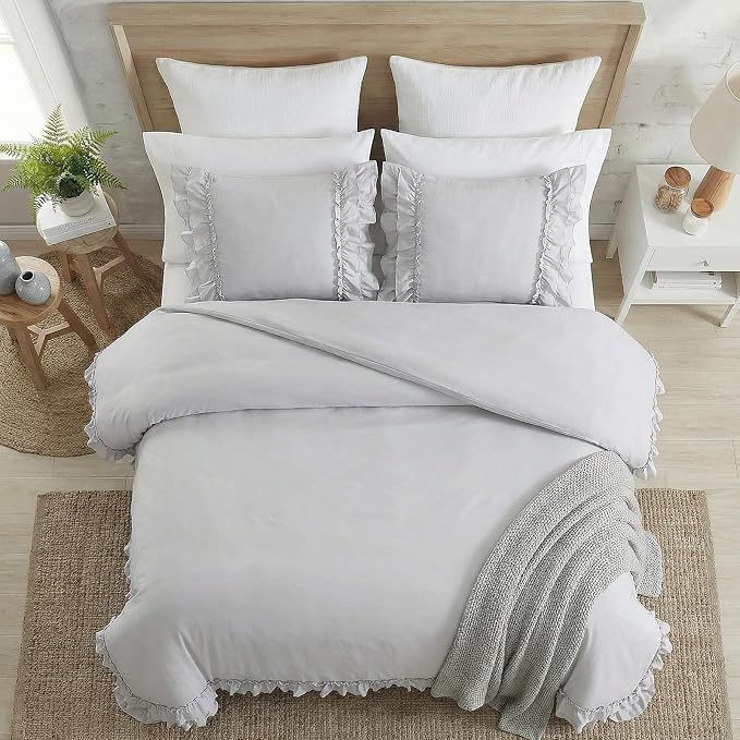 Bedorm Gray Duvet Cover Set King Ruffle Bedding Set Pleat Ruffled Shabby Chic Comforter Cover Extra Soft & Easy Care Gray Boho Duvet Cover with Zipper Closure