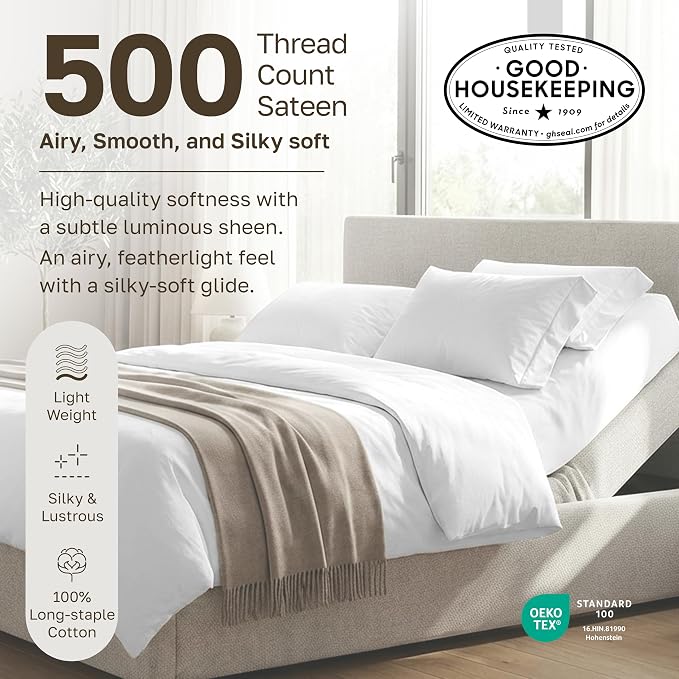 California Design Den 100% Cotton Sateen Split King Sheets Set, 5 Pcs | 500 Thread Count with Good Housekeeping Seal, Split King Sheets Sets for Adjustable Bed with 2 Separate Twin-XL Mattresses