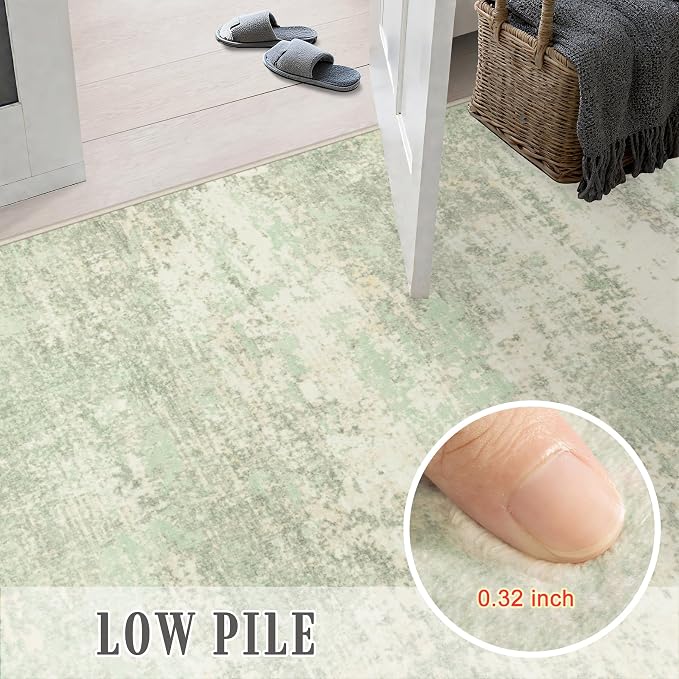 2x5 Washable Runner Rug：Modern Abstract Soft Carpet Green Cream | For Hallway, Bedroom, Kitchen, Laundry, Bathroom,Door Mat,Modern Abstract,Machine washable,Non-Slip,Stain Resistant,Indoor