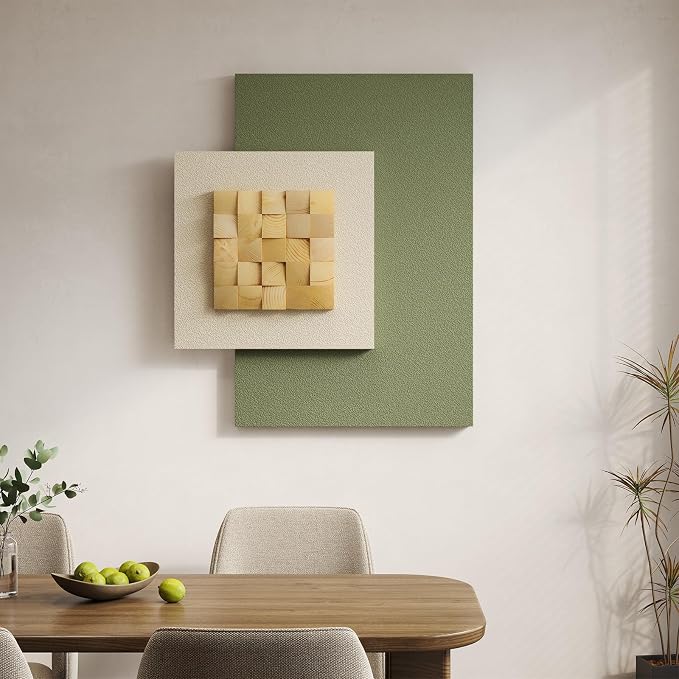 Large Wood Abstract Wall Art for Living Room, Modern 3D Artwork for Walls | Natural sage green tone, Textured paintings, Big woodern layered sculpture, Bedroom dining room office wall decor aesthetic