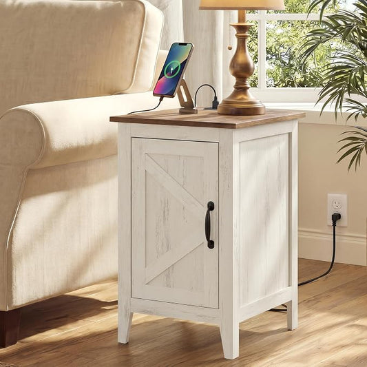 VASAGLE LIRY Collection - End Table with Charging Station, Narrow Side Table with Storage Cabinet, Nightstand for Bedroom, Home Office, Rustic White and Honey Brown ULET131W101S