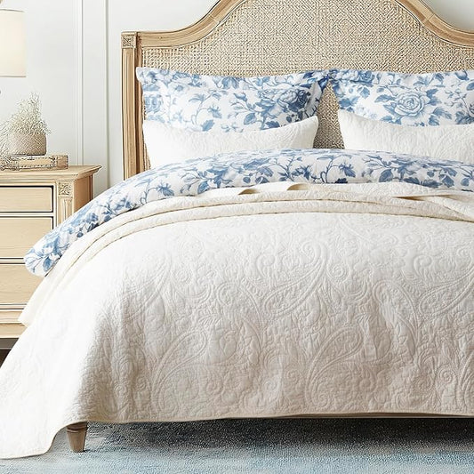 EVERGRACEHOME 100% Cotton Paisley Quilt Set, Queen Size, Ivory Cream | Prewashed for Softness, Year-Round Breathability, Gift-Ready Box, Matelasse-style Quilted Coverlet, 3 Piece Set with 2 Shams