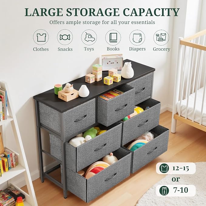 7-Drawer Dresser for Bedroom, Anti-Tip Wide Storage Organizer Fabric | Chest of Drawers TV Stand for 45" TV with Wooden Top and Metal Frame for Closet, Living Room, Hallway, Entryway, Gray