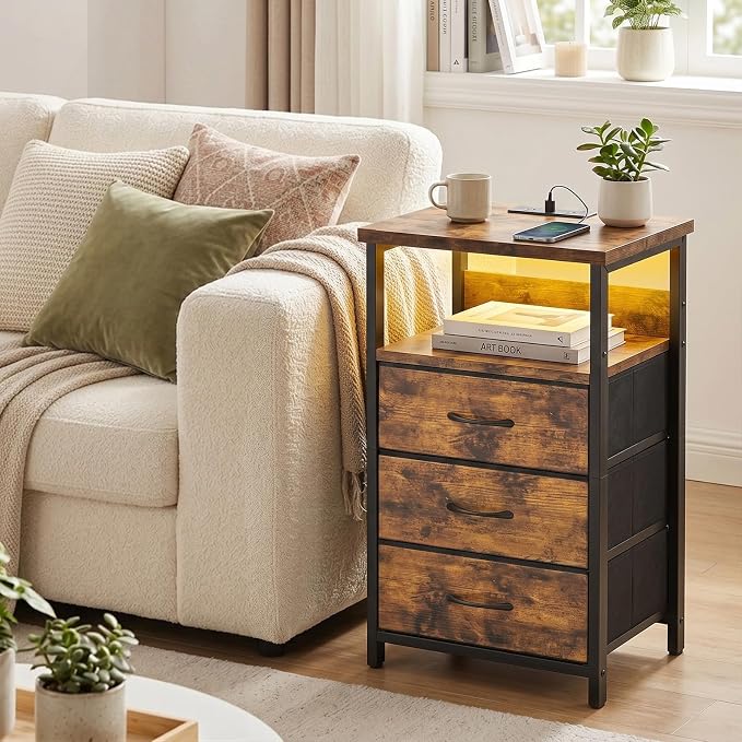 Fixwal Night Stand with 3 Fabric Drawers, Nightstand with Charging Station | rustic brown, led lights, built-in bedside charger, 2 AC outlets & 2 usb ports, 2 wooden shelves, bedroom furniture