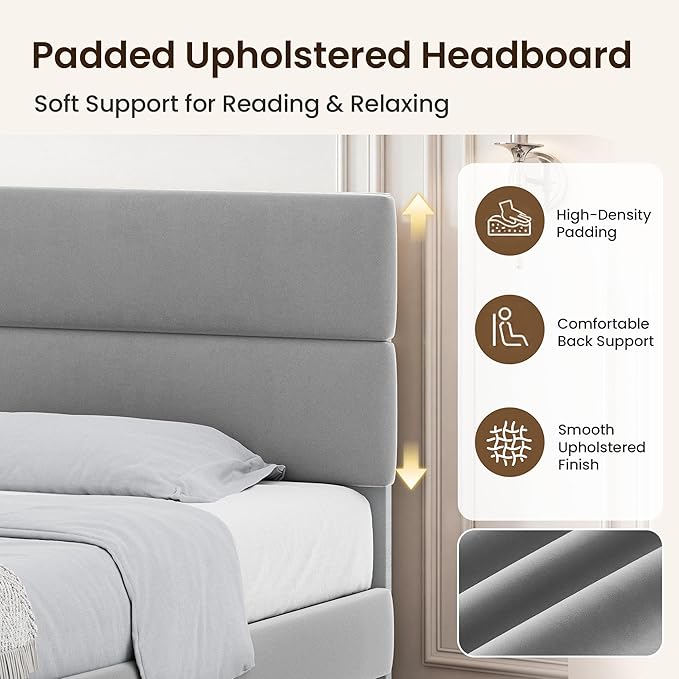 GRUSIGN Twin Size Platform Bed Frame with Velvet Headboard, Adjustable Height Wooden Slats Support, Upholstered Mattress Foundation, Fits Mattress or Mattress with Box Spring, Easy Assembly, Grey