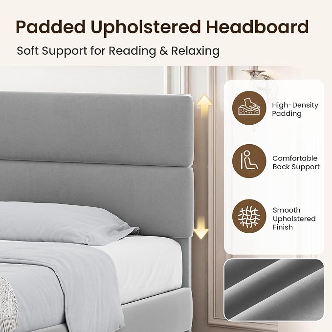 GRUSIGN King Size Platform Bed Frame with Velvet Headboard, Adjustable Height Wooden Slats Support, Upholstered Mattress Foundation, Fits Mattress or Mattress with Box Spring, Easy Assembly, Grey