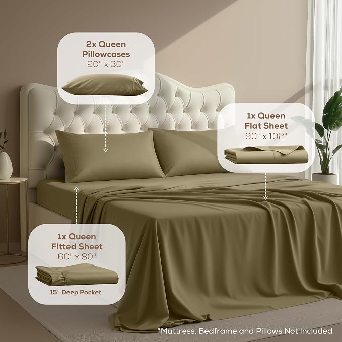 Queen Sheets Set, 4 Pieces 16" Deep Pocket Hotel Luxury Bed Sheets, Olive | Extra Soft Bedsheet Set, Comfy & Breathable Cooling Sheets, Wrinkle & Fade Resistant, Fitted Sheet, Flat Sheet, 2 Pillowcases