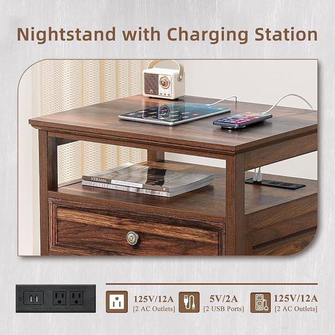 Joaxswe Farmhouse Nightstand with Charging Station, 24" Wide End Table with 2 Drawers,Brown Dresser for Bedroom, Bed Side Table Chest of Drawers Cabinet,Wood Night Stand for Living Room, Closet