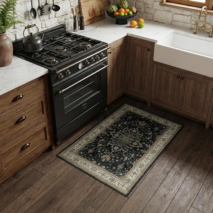 RELEANY Washable Area Rug, Small 2'x3', Black/Vintage/Beige | Non-Slip, Water Repellent, Pet Friendly, Easy to Clean, Vintage Floral Boho Decor for Kitchen Entryway Bathroom