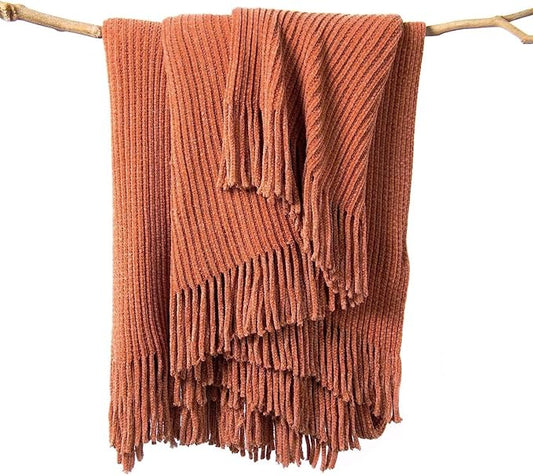 lifein Throw Blanket for Couch, Soft Boho Bed Throw,Cozy Burnt Orange Chenille Knitted Small Spring Lightweight Throw(Rust,50 * 60")