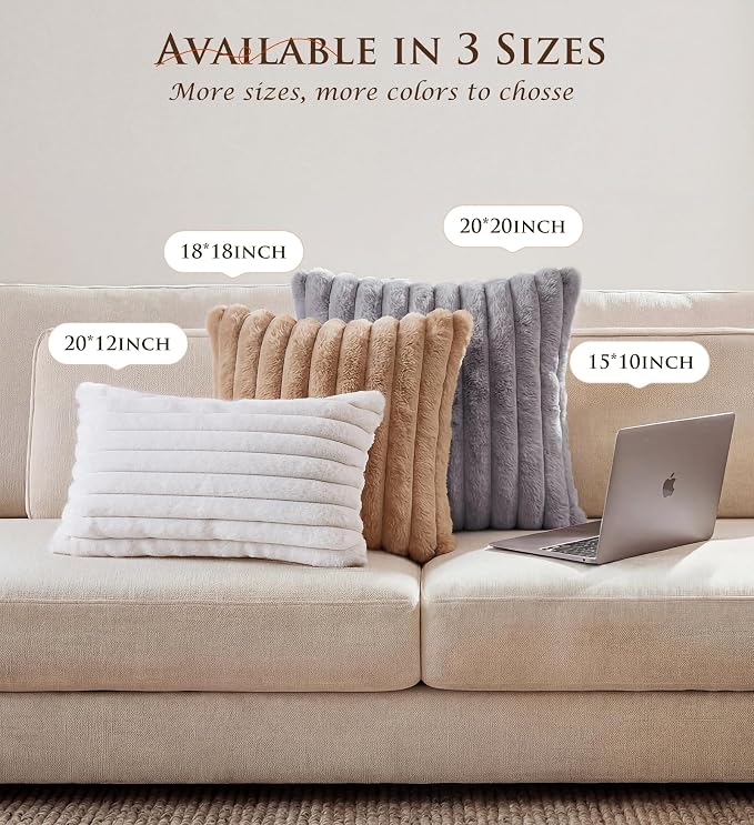 Pack of 2 Throw Pillow Covers 20x20 Decorative Solid Plush Faux Fur with Soft Velvet Back, Square Striped Cushion Cases Modern Farmhouse Home Decor for Living Room Couch Sofa Bed Apricot