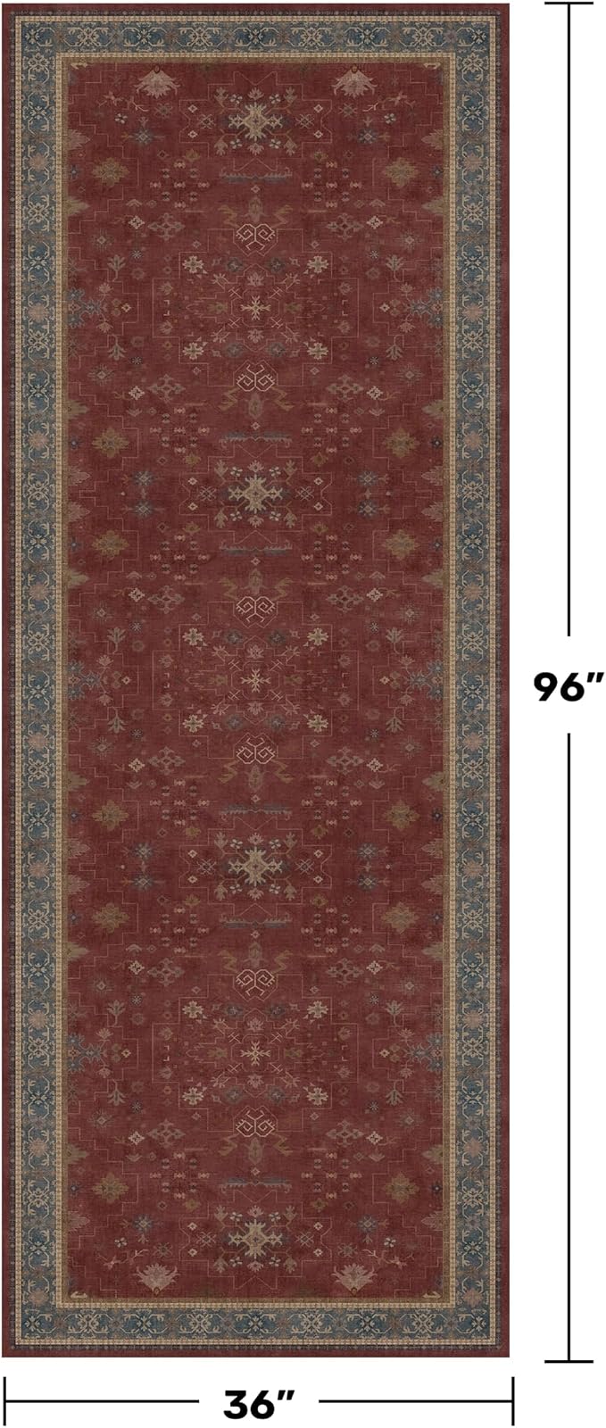 Washable 3x8 Entry Way Rugs Indoor - Burgundy Large Kitchen Rug, Non Slip Unique Bohemian Red Low Pile Thin Carpet for Bedroom Bedside, Foyer