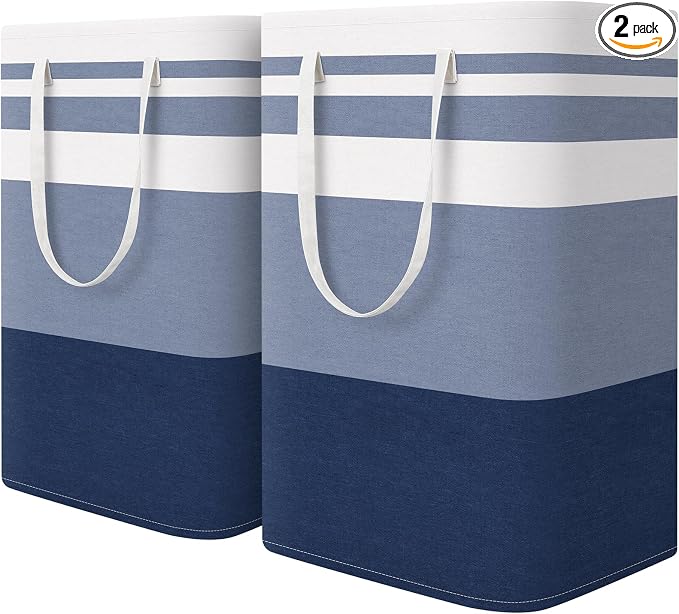 HomeHacks 2 Pack Large Laundry Baskets, Laundry Hampers Bags (Blue 75Lx2) | Waterproof, Freestanding, Collapsible Clothes Hamper with Reinforced Handles in Laundry Room, Dorm, Bathroom, Bedroom