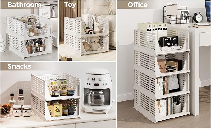 6 Pack Closet Organizer Storage Bins Stackable Plastic Drawer Shelf | Basket for Clothing Stackable Storage Bins Shelf Storage Container for Closet Wardrobe Bedroom Bathroom Office White Foldable