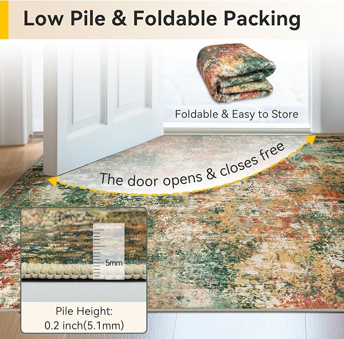 RELEANY Washable 5'x8' Abstract Area Rug for Living Room Green Multi | Carpet for Bedroom, Kitchen, Office, Hallway and Entryway, Printed Pattern, Non‑Slip, Soft, Stain‑Resistant, Easy to Clean