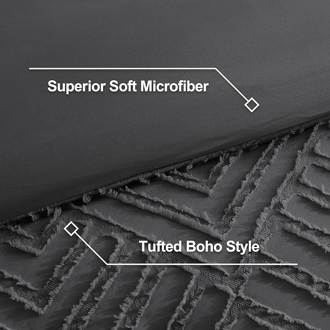 Litanika Oversized King Comforter Set, 3 Pcs Tufted Boho Bedding Set | Dark Grey Farmhouse Shabby Chic Vintage Bohemian Textured Aesthetic Soft Fluffy Lightweight Breathable All Season Bed Set