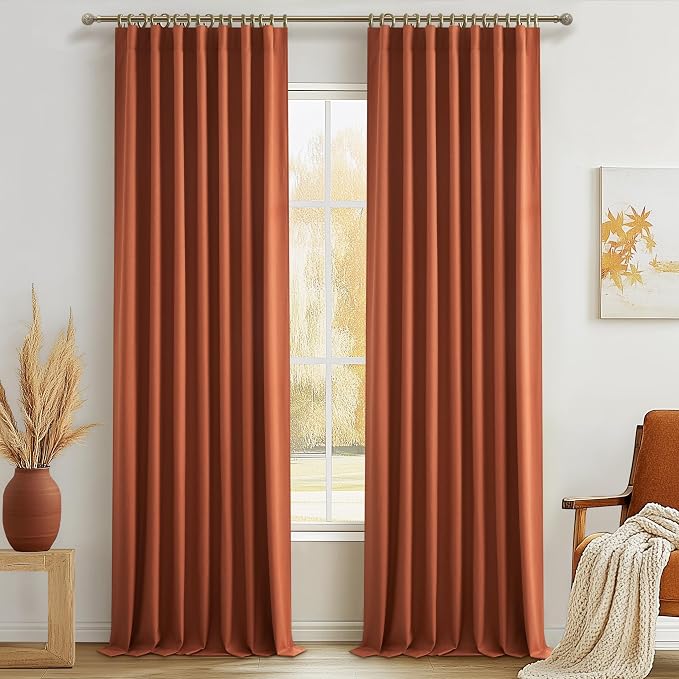 Fall Burnt Orange Curtains Blackout 102 Inches Long 2 Panels Set,Terracotta Autumn Color Decor Retro for Living Room/Bedroom Antique Copper Rust Boho 70s Window Pleated Linen Drapes (W50"xL102")