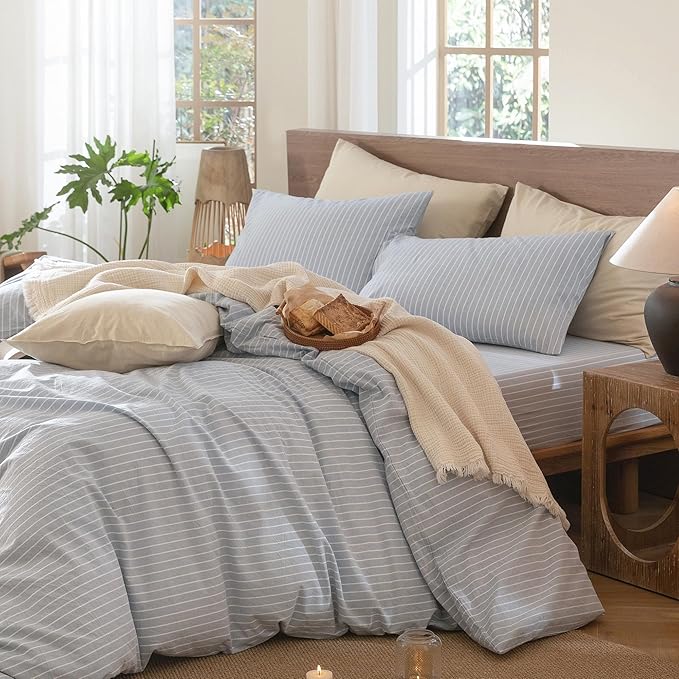 MooMee Striped Duvet Cover Set 100% Washed Cotton Linen Like Super King | Relaxed Linen-like Texture. Soft, Breathable & Long-lasting Comfort. Lightweight. Hidden Zipper with 8 Interior Corner Ties