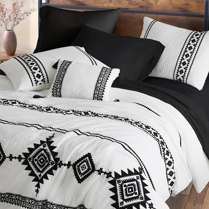 MaiRêve Embroidery King Size Comforter Set 7 Pieces White Bed in a Bag | Western Farmhouse Boho Bedding Sets with Comforter, Sheets, Pillowcases & Shams