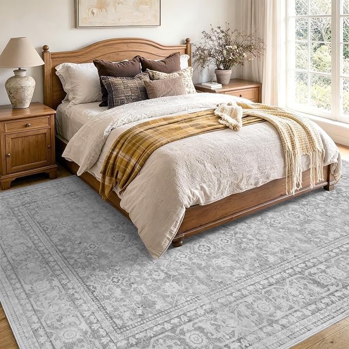 5x7 Ft Area Rugs for Living Room, Soft Non-Slip Machine Washable Rug, Vintage Stain Resistant Carpets for Bedroom Nursery Dining Room Home Decor (Grey)