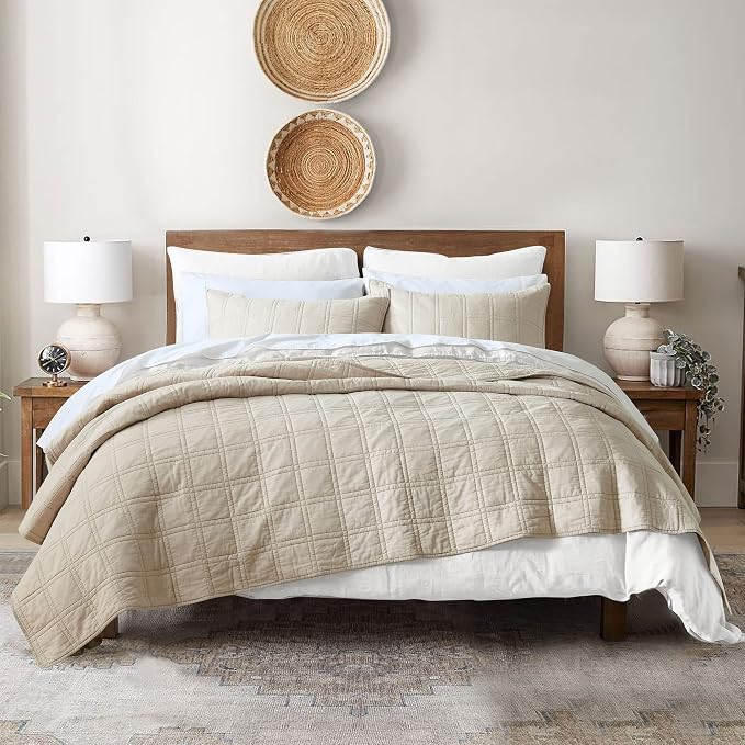 HORIMOTE HOME 100% Cotton Quilt Twin Size Beige Bedspread, Pre-Washed 2-Piece Cozy Lightweight Stitching Decorative Bedding Cover Coverlet Set with 1 Sham in Geometric Pattern for All Season
