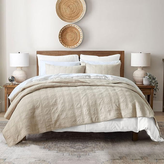 HORIMOTE HOME 100% Cotton Quilt Twin Size Beige Bedspread, Pre-Washed 2-Piece Cozy Lightweight Stitching Decorative Bedding Cover Coverlet Set with 1 Sham in Geometric Pattern for All Season