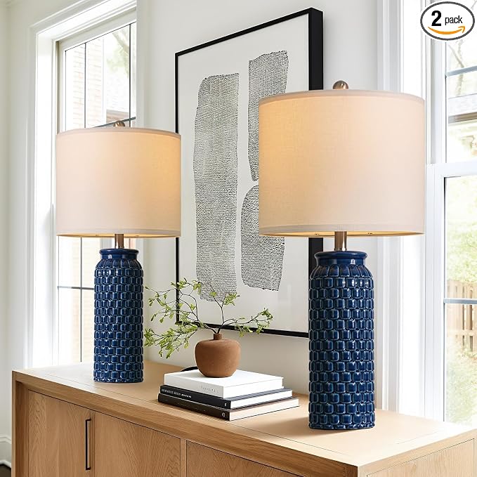 USumkky 27" Ceramic Table Lamps Set of 2 - Modern Farmhouse & Boho Style, Bedside Nightstand Lamps for Bedroom, Living Room End Table Lamps, Small Desk Lamp(Blue)
