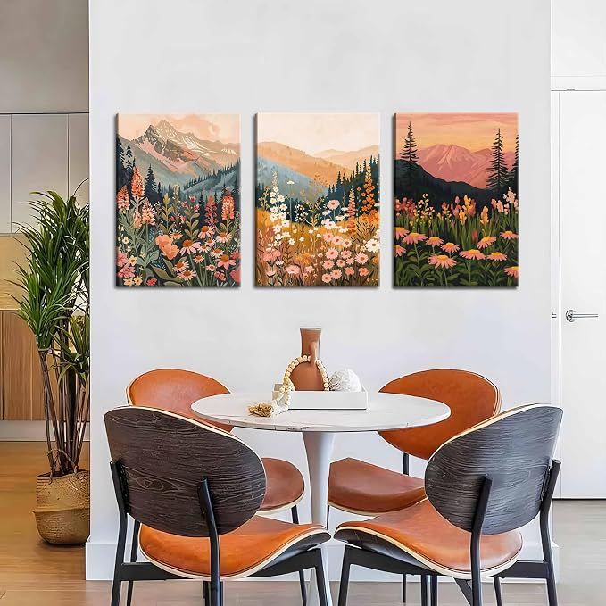 Framed Wildflower Mountain Landscape Wall Art Set of 3, Colorful Floral Wall Decor, Boho Sunset Landscape Canvas Artwork, Earth Tone Botanical Poster Prints for Living Room Bedroom 12x16 Inch