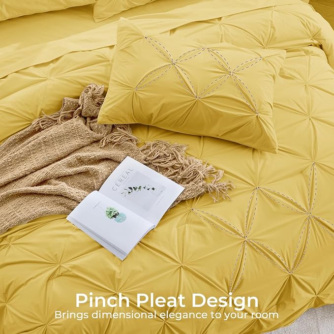 Sasttie Queen Comforter Set, 7-Piece Bed in a Bag, Pintuck Bedding Sets for All Season, Includes Comforter, Flat Sheet, Fitted Sheet, Pillowcases and Pillowshams, Mustard Yellow
