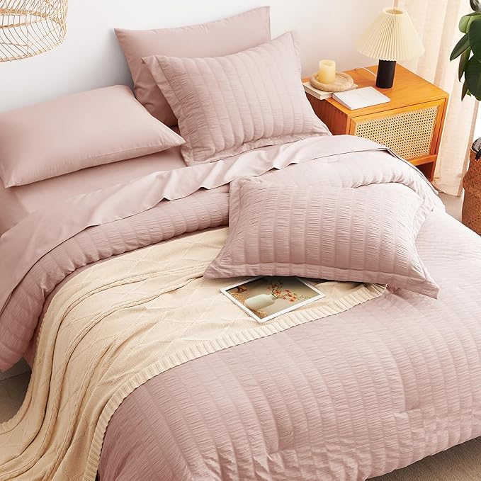 Queen Comforter Set, 7 Pieces Rose Gold Seersucker Bed in a Bag | OEKO-TEX Certified, All Season Bedding Set with 240 GSM Down Alternative Comforter, Flat & Fitted Sheets, Pillowcases & Shams