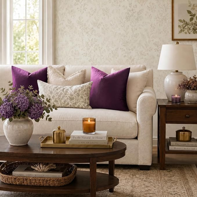 GIGIZAZA Velvet Pillow Covers 20x20 Decorative Pillows Pack of 2 Purple | Throw Pillows for Couch Sofa,280gsm Soft Textured Fabric,Luxury Modern Square Pillowcases,Home Decor Cushion Covers