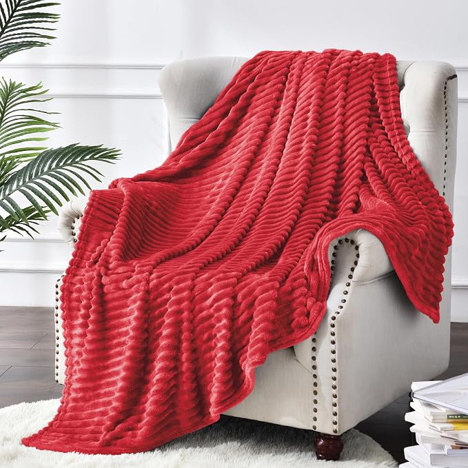 BEDELITE 3D Ribbed Jacquard Red Fleece Twin Blanket for Couch, 60x80 Inch | Soft Warm Fluffy Throw Blanket for Bed Sofa College Dorm Room Decor, Luxury Cozy Plush Gifts for Women Girls, Lightweight